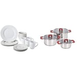 Amazon Basics Dinnerware Set, Service for 4, 16-Piece 3-Piece Stainless Steel Space Saving Induction Cookware Set, 16cm, 20cm, 24cm Casserole with Stackable Lid, soft touch handle