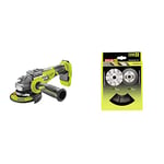 RYOBI - Meuleuse d'Angle 125 mm 18 V ONE+ Brushless (Batterie et Chargeur Non Inclus) pour Tous Vos Travaux de Disquage, Meulage, Ébarbage des Métaux, Pierres, Béton et Autres Matériaux + 6 disques