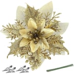 Julstjärna Konstgjorda Blommor Dekorationer 5,5 tum Julgran Krans Girlang Dekoration 12 st Glitter Blommor Plock (guld)