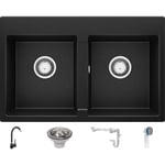 Evier Cuisine en Granit Noir Métallisé 78x50cm, Lavabo + Kit de Vidage + Robinet + Planche à Découper, Évier à Encastrer au meuble 80cm - Oslo Top