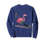 Funny Pink Flamingo Blowing Fall Leaves with Leaf Blower Sweatshirt