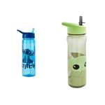 Disney Stitch Water Bottle Flip Up Straw 600ml – Official Merchandise by Polar Gear & Mandalorian Water Bottle with Straw – Reusable Kids 600ml PP in Grey & Green – Official Merchandise