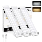 Reglette Led Cuisine, 44 LED 20cm Detecteur de Mouvement Interieur, 2 Couleurs Temps Lampe de Placard, Rechargeable & Dimmable Led Cuisine Sous Meuble Veilleuse pour Armoire, Escalier,(3 pièces)