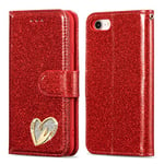 QLTYPRI Wallet Case for iPhone 7/8/SE 2020/SE 2022 5G, Glitter PU Leather Case Card Holder Kickstand Wrist Strap Inlaid Heart Diamond Flip Folio Cover for iPhone 7/8/SE 2020/SE 2022 - Red