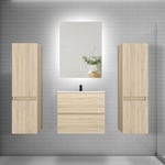 Ensemble meuble de salle de bain et lavabo chêne ( L.60 cm) 2 tiroirs + meuble haut x2 + lavabo + miroir LED