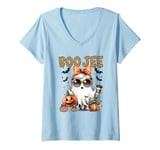 Womens BOO JEE Halloween Cute Girl Ghost Coffee Lover Pumpkin Latte V-Neck T-Shirt