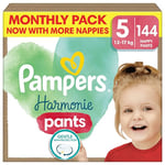 Pampers Harmonie Nappy Pants Size 5, 144 Nappies, 12kg-17kg, Monthly Pack, Gentle Skin Protection 360° Comfort Fit