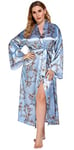 FEOYA Kimono Femme Robe de Chambre Longue en Soie Artificielle Manches Longues Peignoir de Bain Satin Imprimé avec Ceinture Grande Taille Style 2 2XL