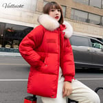 Doudoune Femme Mode Doudounes Femmes Manteau d'hiver Court Fourrure À Capuche Épaissir Chaud vers Le Bas Coton Rembourré Veste d'hiver Femmes L Rouge