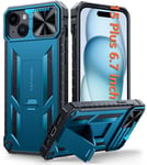 FNTCASE for iPhone 15 Plus Case: Rugged Military Grade Full Protection Shockproof Protective Case with Kickstand | TPU Matte Textured Heavy Duty Hard Bumper Phone Cover for iPhone 15 Plus Blue