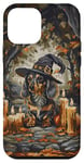 iPhone 12 mini Funny Blue and Tan Dachshund Dog Witch Hat Halloween Men Case