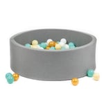 LUDI - Piscine à Balles Ronde en Mousse - Ø 90 cm x H 30 cm - pour Bébé dès 6 Mois - 100 Balles Incluses - Tissu Doux et Lavable - Couleur Gris - Favorise Motricité et Coordination - Facile à Monter