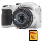 KODAK Pixpro Astro Zoom AZ255 + Carte Mémoire SD 32 Go - Appareil Photo Bridge Numérique 16 MP, Zoom 25X, Video HD 1080p, Grand Angle 24 mm, Ecran LCD 3, Pile AA - Blanc