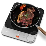 TOKIT Plaque de Cuisson Induction Portable 16mm Ultra-mince - Plaque de Cuisson Electrique 9 Niveaux de Chaleur 2100W, NFC Recette en Ligne, Détection Automatique Casserole Surface Cristal (Gris)