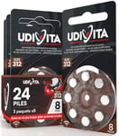 24 Piles auditives Udivita Taille 312 (Marron) PR41 Zinc Air avec Technologie Sound Fusion - 3 Blisters de 8 Piles