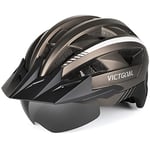 VICTGOAL Casque Velo Homme Casque VTT Montagne avec Visière Magnétique Amovible, Capuchon de Protection Solaire Amovible et éclairage LED Casque Velo Route pour Adulte (L: 57-61cm, Ti)