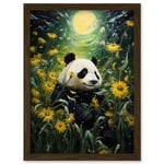 Midsummer Night's Panda Dream Oil Painting Panda Bear in a Full Moon Sunflower Field Landscape Kids Bedroom Artwork Framed Wall Art Print A4