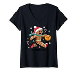 Womens Gingerbread Man Playing Basketball - Christmas Sports Fun V-Neck T-Shirt