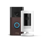 Nouvelle Ring sonnette vidéo sans fil (Battery Video Doorbell) + Ring Caméra extérieure sans fil (Stick Up Cam) | Installation facile (5 min) par soi-même | Essai Ring Home gratuit 30 j.