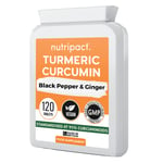 Turmeric Tablets 5000mg with Black Pepper & Ginger, High Strength 95% Curcumin Supplements, Vegan and Gluten Free, 120 Count, UK Made by Nutripact