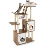 Grand Arbre à Chat en Bois à Plusieurs Niveaux, Tour à Chat avec 2 Condos et Hamac, Centre d'Activités pour Chat avec Poteau en Sisal et Échelle,