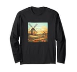 Whet Fields With Windmills Vintage Landscape Graphic Long Sleeve T-Shirt