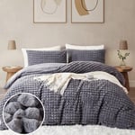 Tospass Housse de Couette Flanelle 240x260 2 Personnes Adulte Hiver Fausse Fourrure Polaire Chaude Gris Carreaux Parure de Lit Réversible Velours avec Fermeture Éclair avec 2 Taies d'oreiller 65x65cm