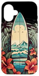 Coque pour iPhone 16 Planche de surf vintage motif hibiscus plage palmiers