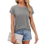 (Dark Grey S)Short Sleeve Round Neck Blouse Plain Color Casual BGS