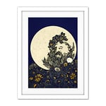 Doppelganger33 LTD Man in The Full Moon Blue Floral Lunar Illustration Artwork Framed Wall Art Print 18X24 inch