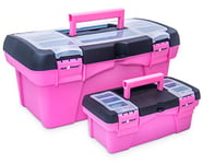 Pink Power Boîte à outils rose pour femme – Boîte de rangement pour couture, art et loisirs créatifs – Petite et grande boîte à outils en plastique avec poignée – Boîte à outils rose – Boîte à outils
