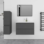 Ensemble meuble Anthracite et vasque L.80cm 2 tiroirs + colonne haut + lavabo + miroir