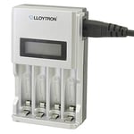 LLOYTRON Ultra Fast Intelligent AA / AAA LCD Home Battery Charger for NiMh / NiCd Rechargeable Batteries - Charge 1 or 4 Batteries at Once - LCD Display - B1504 - Silver