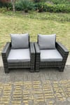 2 PC PE Wicker High Back Rattan Garden Arm Chair Dark Grey