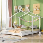 Lit cabane enfant 90/180x190 cm, design cabane avec sommier à lattes, structure en bois massif, lit enfant convertible en lit au sol, pour 1-2