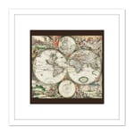 Van Schagen 1689 Map Of The World 8X8 Inch Square Wooden Framed Wall Art Print Picture with Mount