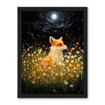 Artery8 Watching the Fireflies Dance Happy Fox over a Wildflower Meadow Oil Painting Orange White Blue Full Moon Spring Night Dreamy Landscape Artwork Framed Wall Art Print 18X24 Inch