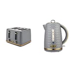 Tower T20061GRY Empire 4-Slice Toaster with Defrost/Reheat, Removable Crumb Trays, 1600W, Grey and Brass & T10052GRY Empire Rapid Boil Kettle with Removable Filter, 3000W, Grey and Brass