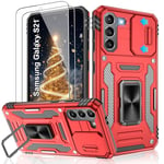 Jshru for Samsung S21 Case with Screen Protector-Camera Protective Cover, Ring Stand Phone Case for Men and Women,Shockproof Bumper Phone Cover for Samsung Galaxy S21 5G,Red