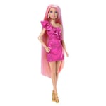 Barbie Doll, Fun & Fancy Hair with Extra-Long Colorful Blonde Hair and Glossy Pink Dress, 10 Hair and Fashion Play Accessories, HKT96