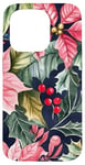 Coque pour iPhone 15 Pro Poinsettias rouge vif avec houx et feuilles vert foncé