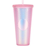 Dubbelväggiga plastglas med nitar, lock och sugrör, BPA-fria, 24 oz, rosa