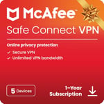 McAfee Safe Connect 2024|Unlimited VP, Internet Security and Privacy Software | 5 Devices | 1 User | 12 Months | Activation Code by email