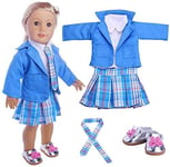 Momola_ For Our Generation 18 inch American Girl Doll Clothing Set 5Pcs Student Pleated Skirt Coat Shirt Tie School Uniform Shoes, Dolls Outfits, Girls Pretend Play Toy Gifts (Blue)