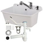 Lavabo plastique gris clair 61,5 cm siphonne tirette et vidange, mousseur robinet avec douchette extractible, distribuer de savon