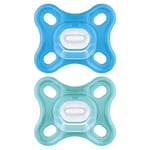 MAM Tétine tout en silicone, 0 à 3 mois, avec tétine symétrique, extra petite et col fin en silicone Skin Soft Silicone facilement acceptable, avec boîte auto-stérilisante, MAM Comfort, bleu, 2 unités