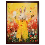 Rabbit in a Yellow Rain Mac Oil Painting Bright Floral Meadow Kids Bedroom Nursery Art Print Framed Poster Wall Decor 12x16 inch