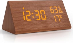 Réveil numérique LED horloge numérique bois, réveil numérique horloge de table avec commande vocale/snooze/date/température et humidité, pour table de chevet, chambre, nuit enfants et bureau - marron