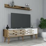 Dmora - Meuble TV Achernar, Buffet de Salon, Armoire Basse pour TV, Base Murale de Rangement, 140x45h35 cm, Noyer et Blanc