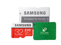 32 GO Digi Wipe Carte mémoire Micro-SD Evo Plus 32GB pour téléphones Samsung Galaxy A3, A5, A6, A6, A7, A8, A8s, A9, Tous 2016, 2017, 2018 Versions - Comprend Un Chiffon de Nettoyage en Microfibre